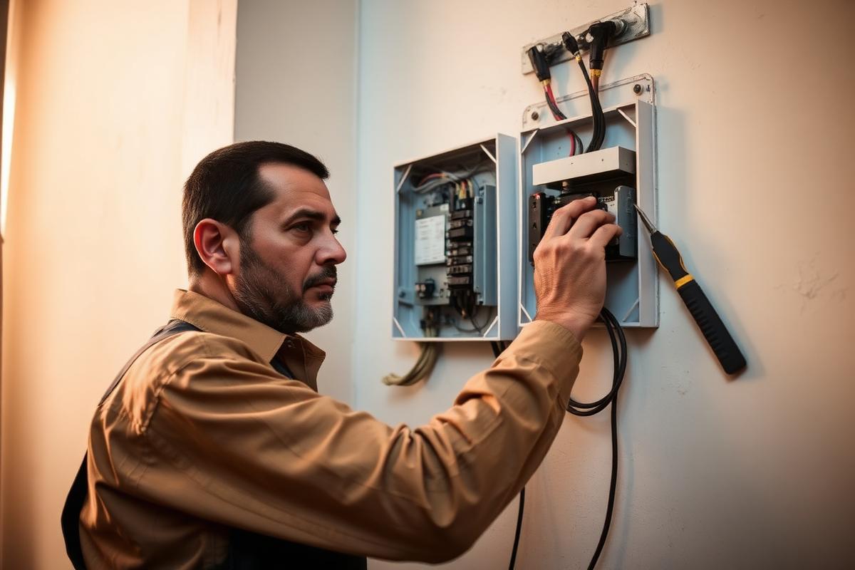 Pakistani electrician carefully working on a wall-mounted electrical panel in a Lahore home