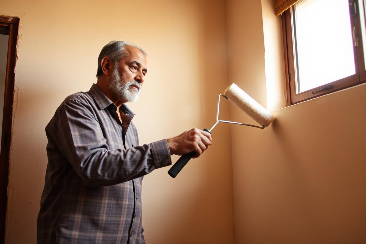 Pakistani painter applying smooth paint to an interior wall with a roller in a sunlit Lahore home